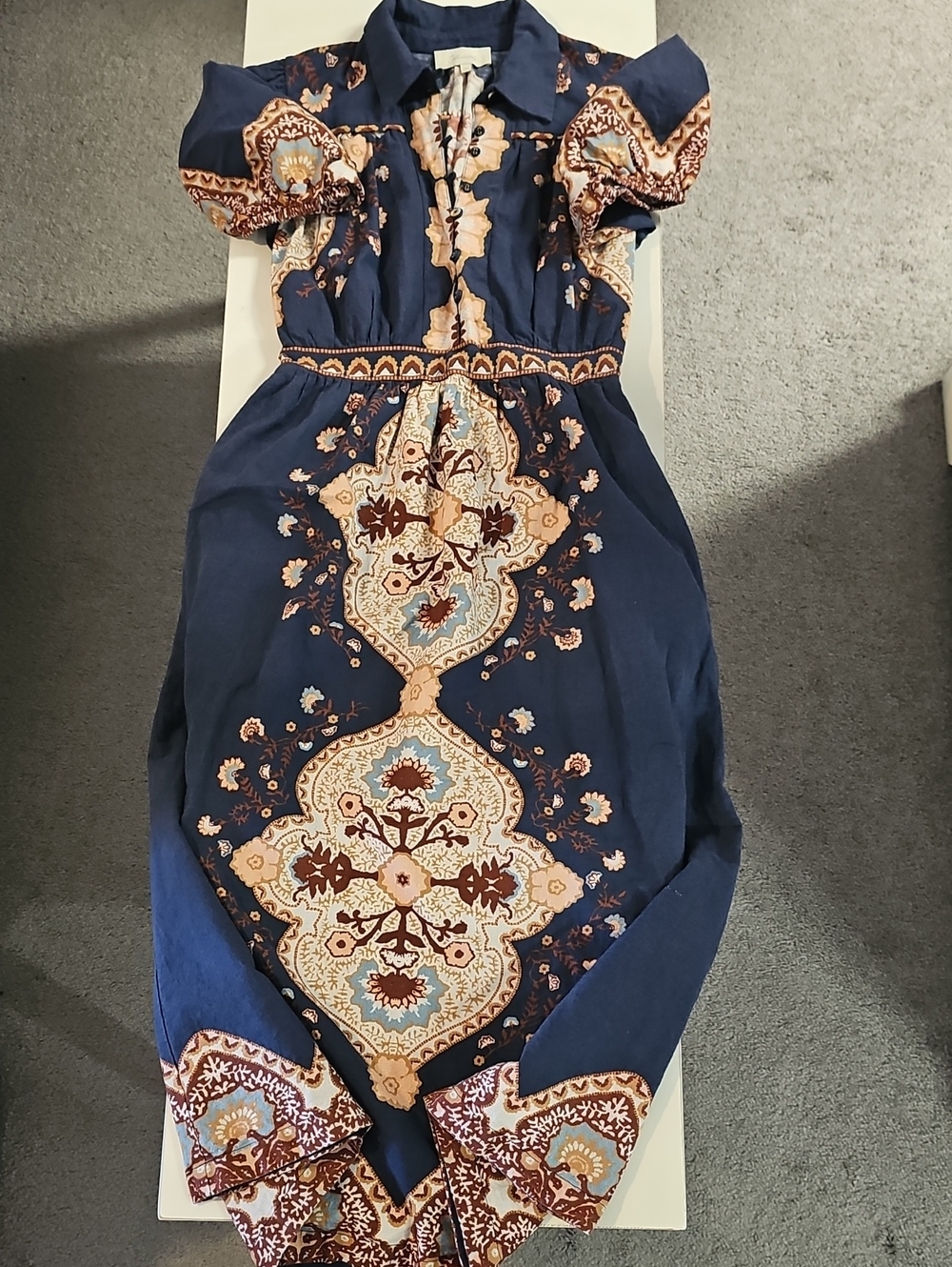 Cleobella Navy Blue Printed Puff-Sleeve Midi Dress